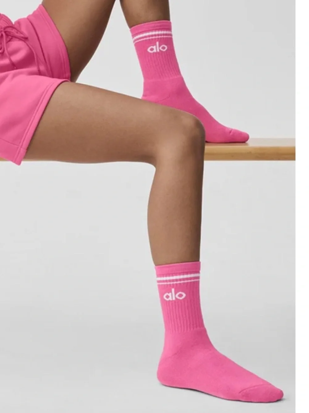 ALO Yoga Kids Pink Crew Socks with White Logo Stripes